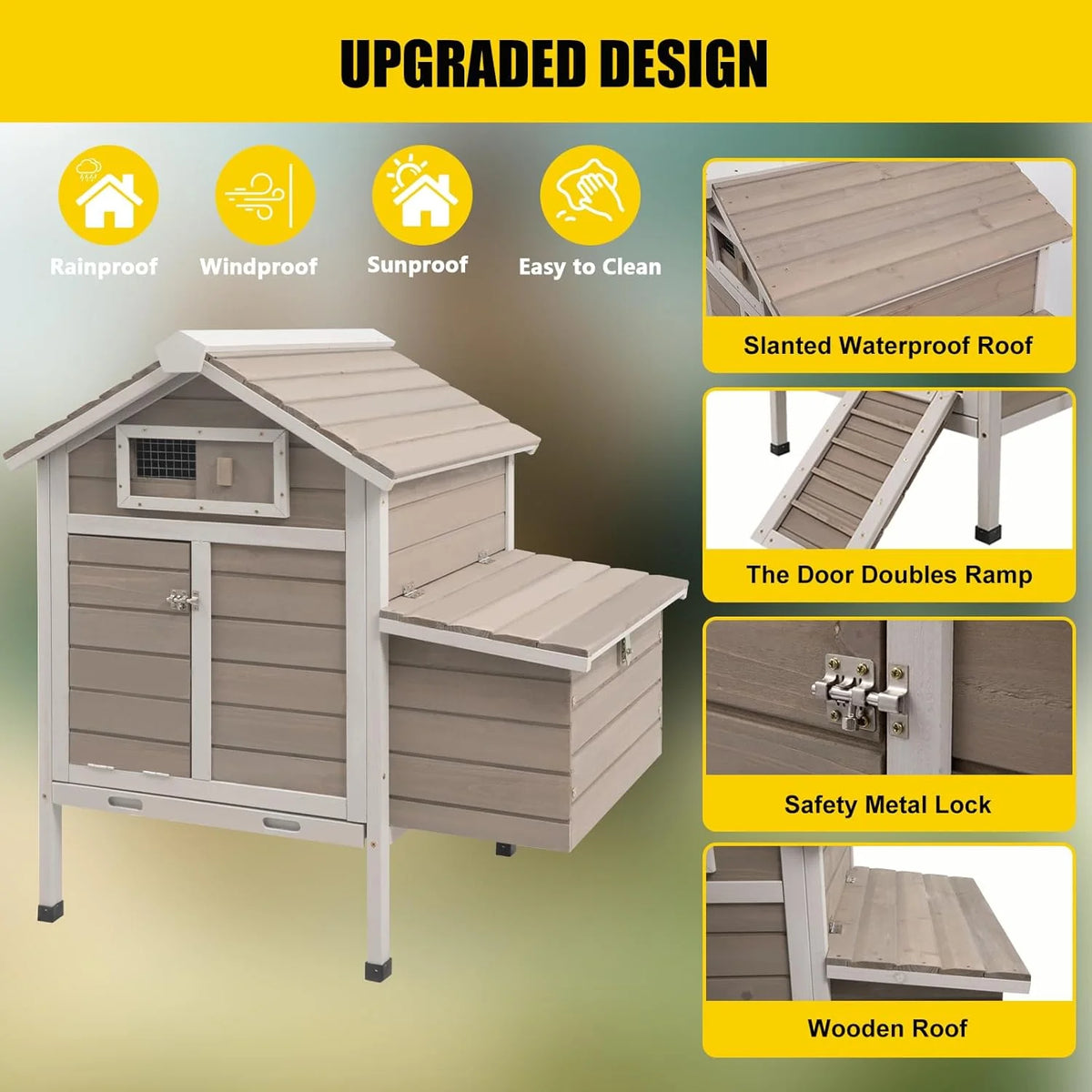 PETSCOSSET Chicken Coop, Chicken Hutch with Nesting Box, Pull Out Tray, Ramp, 32"L x 23.6"W x 36.6"H