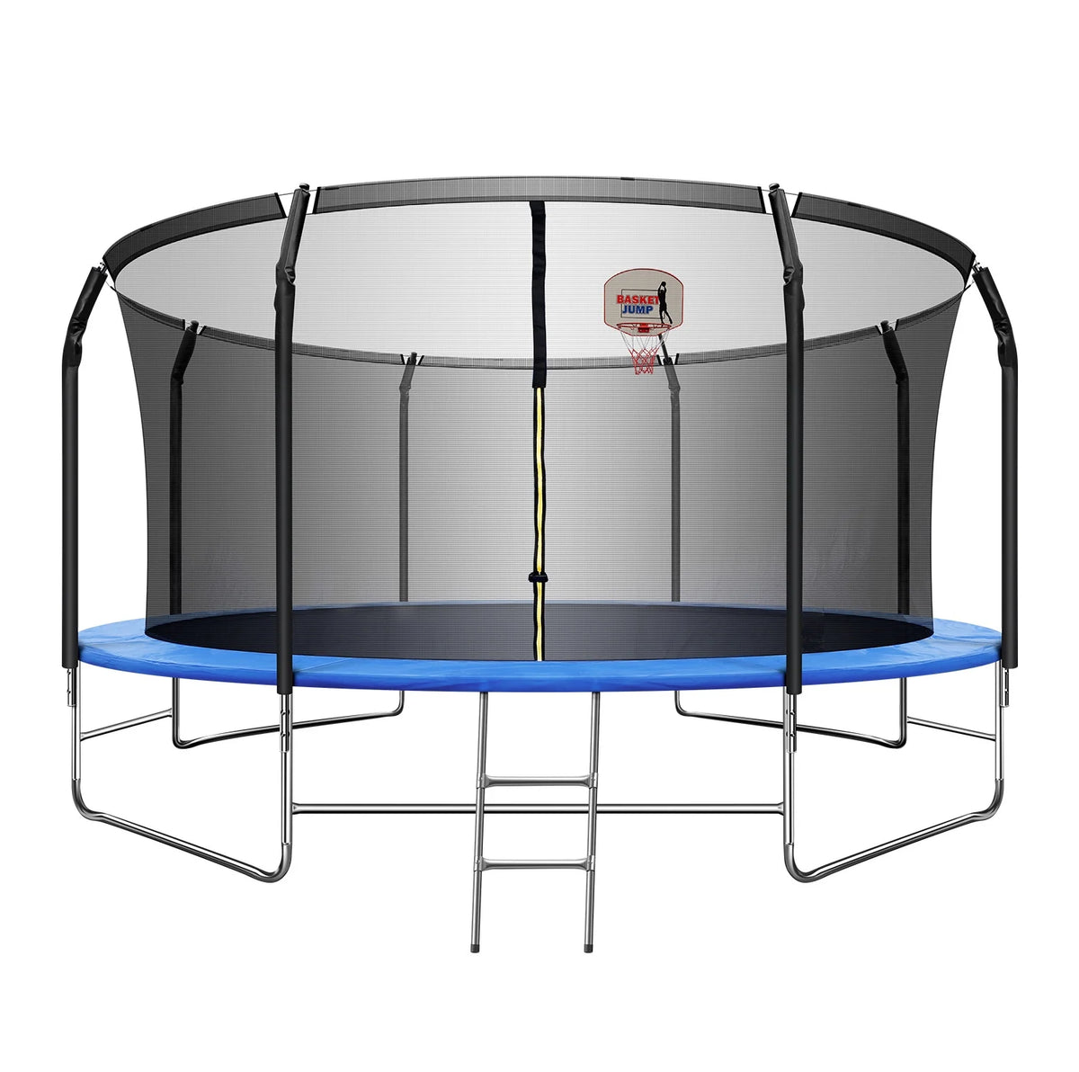 ARCTICSCORPION Trampoline With Balance Bar, 14 x 14 x 8.2 Feet 800lbs Load Safety Enclosure Net Basketball Hoop 2-Step Ladder For Toddlers, Black Blue