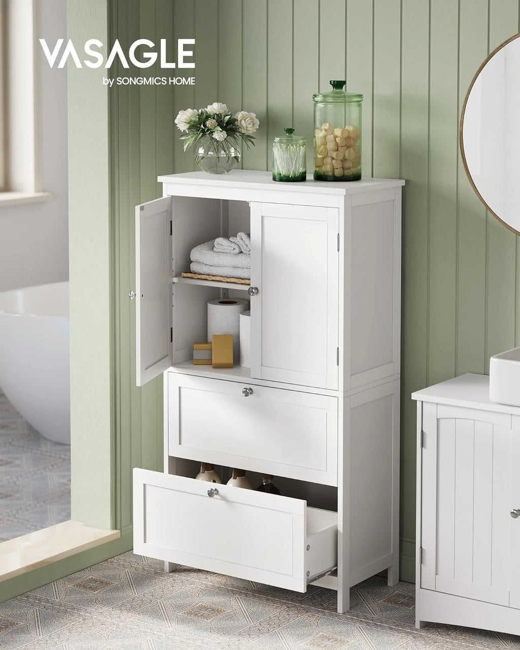 Meuble de rangement sur pied, unité de rangement, armoire indépendante avec 2 tiroirs et 2 portes, étagère réglable, 30 x 60 x 110 cm, blanc