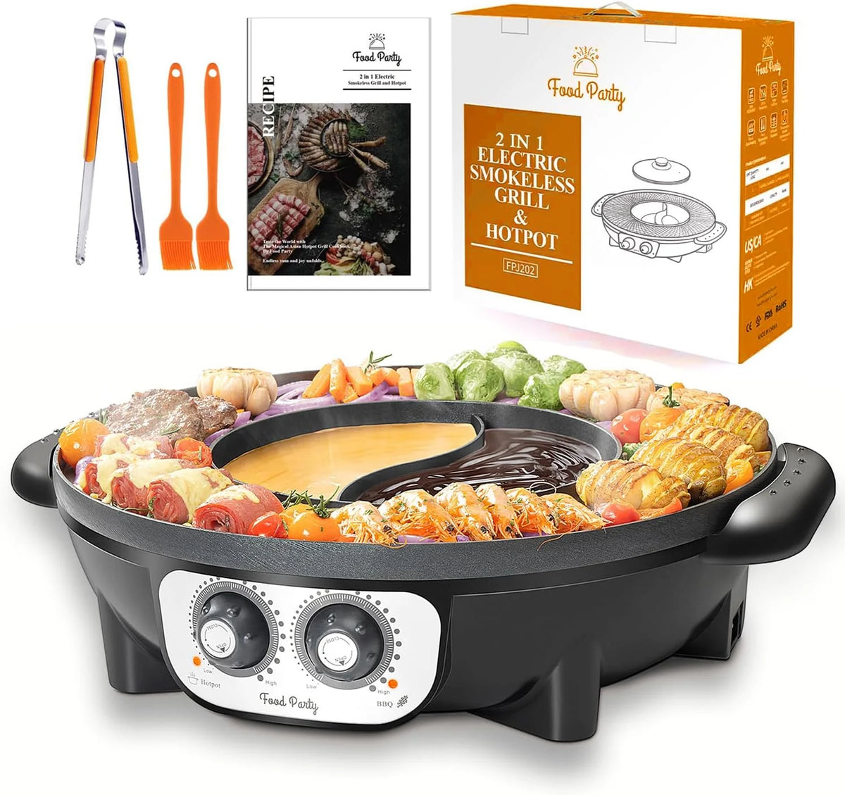 Food Party Hot Pot with Grill 2 in 1 Electric Smokeless Grill and Hotpot Pot Combo Korean BBQ Grill 110V 1700W
