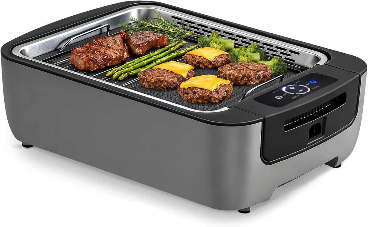 Smokeless Indoor Grill, Electric Indoor Grill for Korean BBQ with Dual-Turbo Smoke Extractor, LED Smart Display & Dual-Zone Nonstick Grill Plates, 6-Level Temp Control, Dishwasher Safe