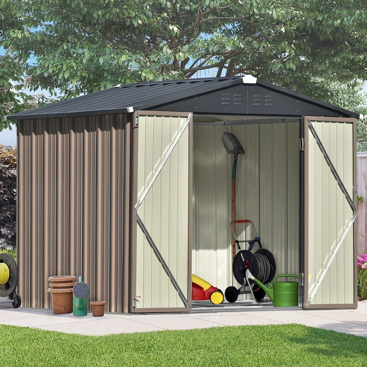 Sesslife Galvanized Steel Outdoor Storage Shed, 5' x 3' x 5.8', White