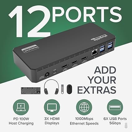 Plugable USB C Triple Display Docking Station | 100W PD, 3x HDMI (1x 4K 30Hz, 2x 1080p 60Hz), 6x USB 5Gbps Ports | Windows, macOS, ChromeOS Compatible – Enhance Productivity with Multi-Monitor Support