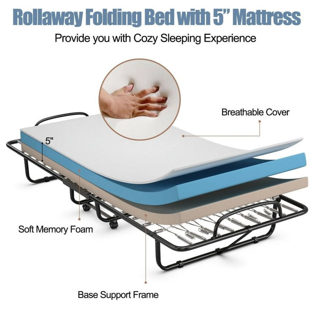 Folding Bed with Memory Foam Mattress, Rollaway Guest Metal Frame for Kids Adults, Portable Sleeping Spare for Bedroom Office, Easy Assembly, 79" x 39"x 15.5"