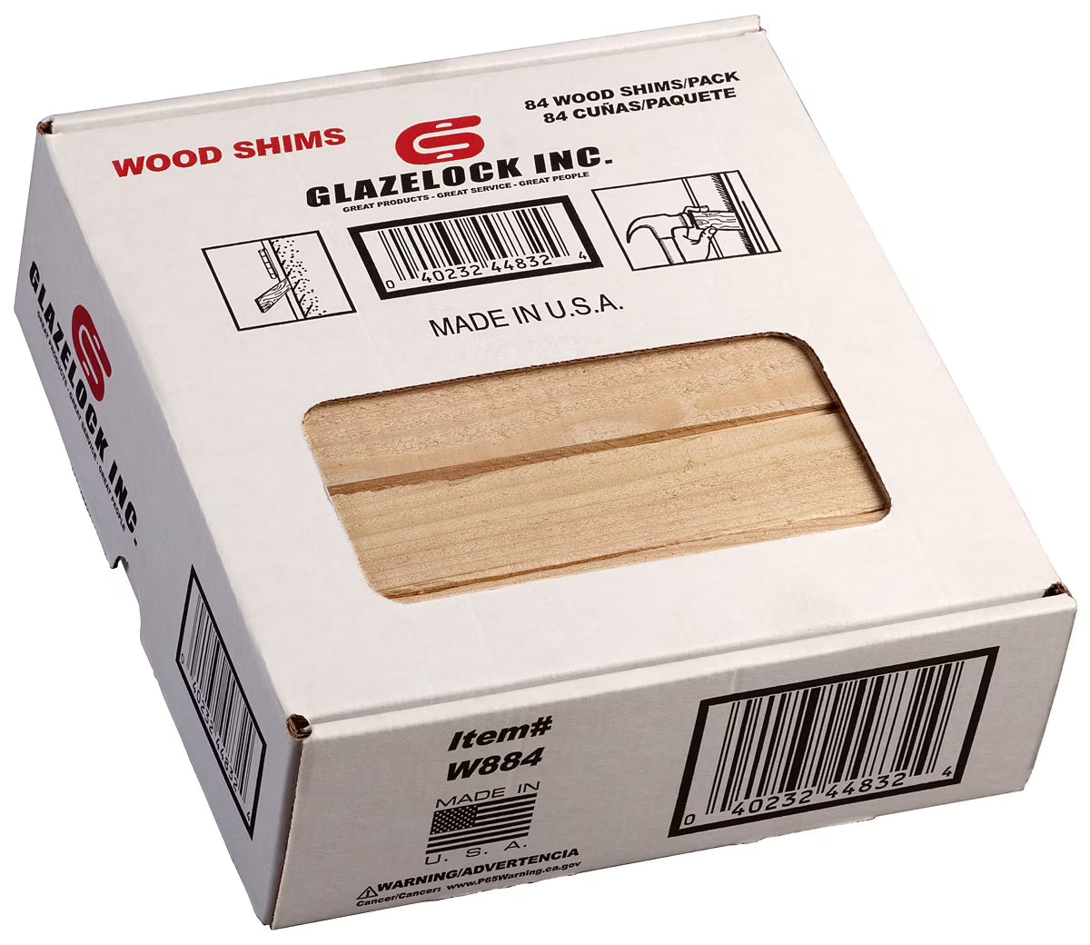 Glazelock WS02 8" x 1-1/4" x 3/8" Natural Pine Wood Shims 10 x 84pk Retail box