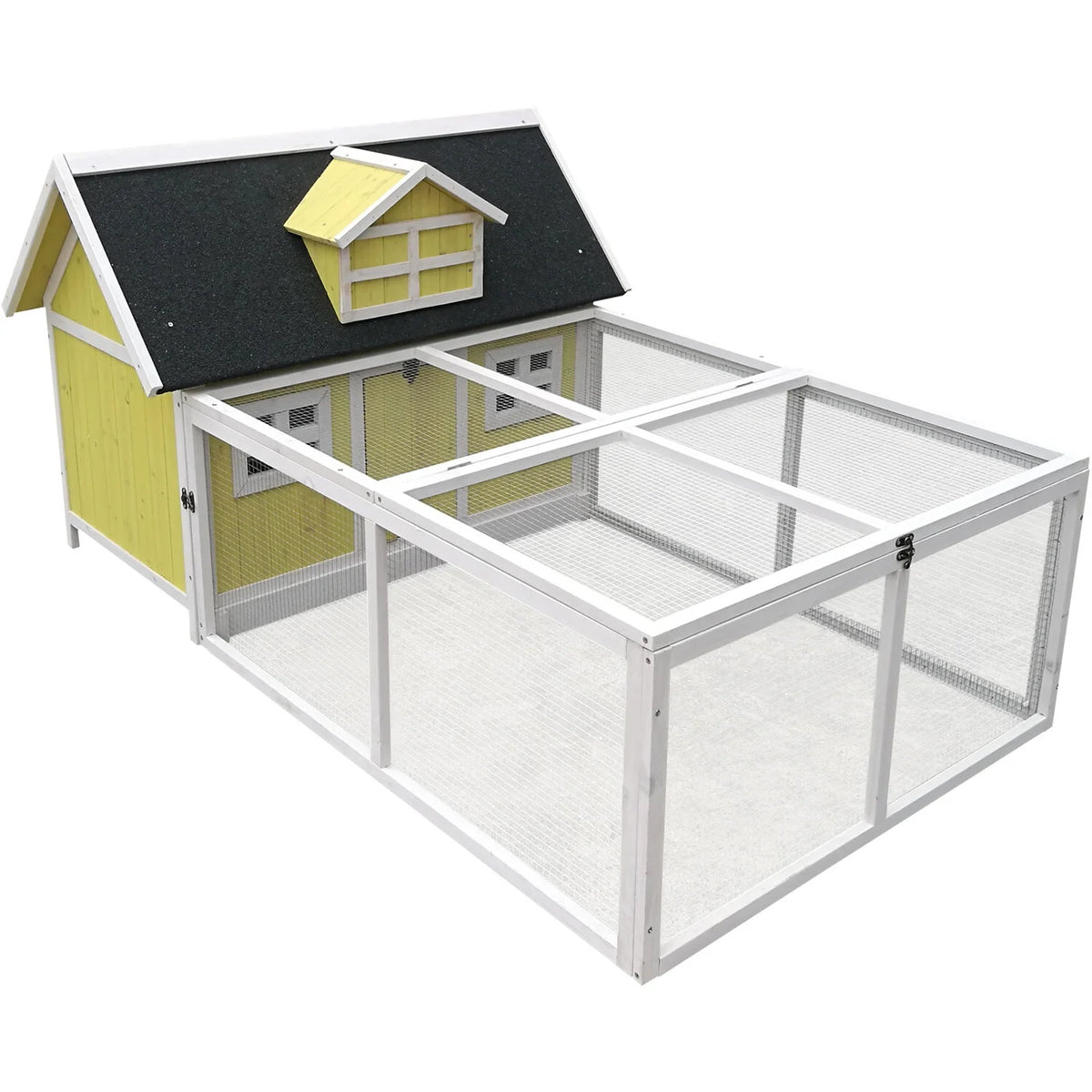 Hanover Outdoor Wooden Chicken Coop with Ramp, Large Wire Mesh Run, Waterproof Roof, Removable Tray 2.8 Ft. x 5.9 Ft. x 3.8 Ft.