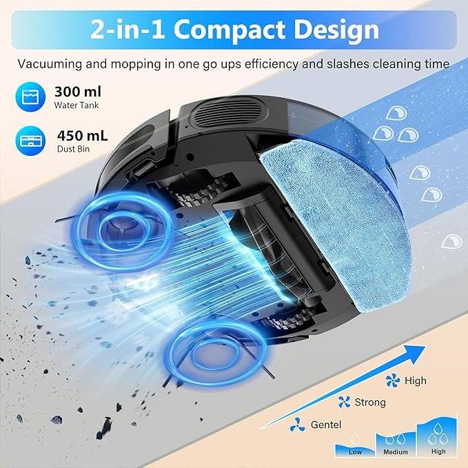 Tikom Robot Vacuum and Mop Combo, 5000Pa Robotic Vacuum Cleaner, 150 Min Max, App & Remote Control, Ideal for Hard Floor, Carpet, Pet Hair, Self-Charge(G8000 Max)