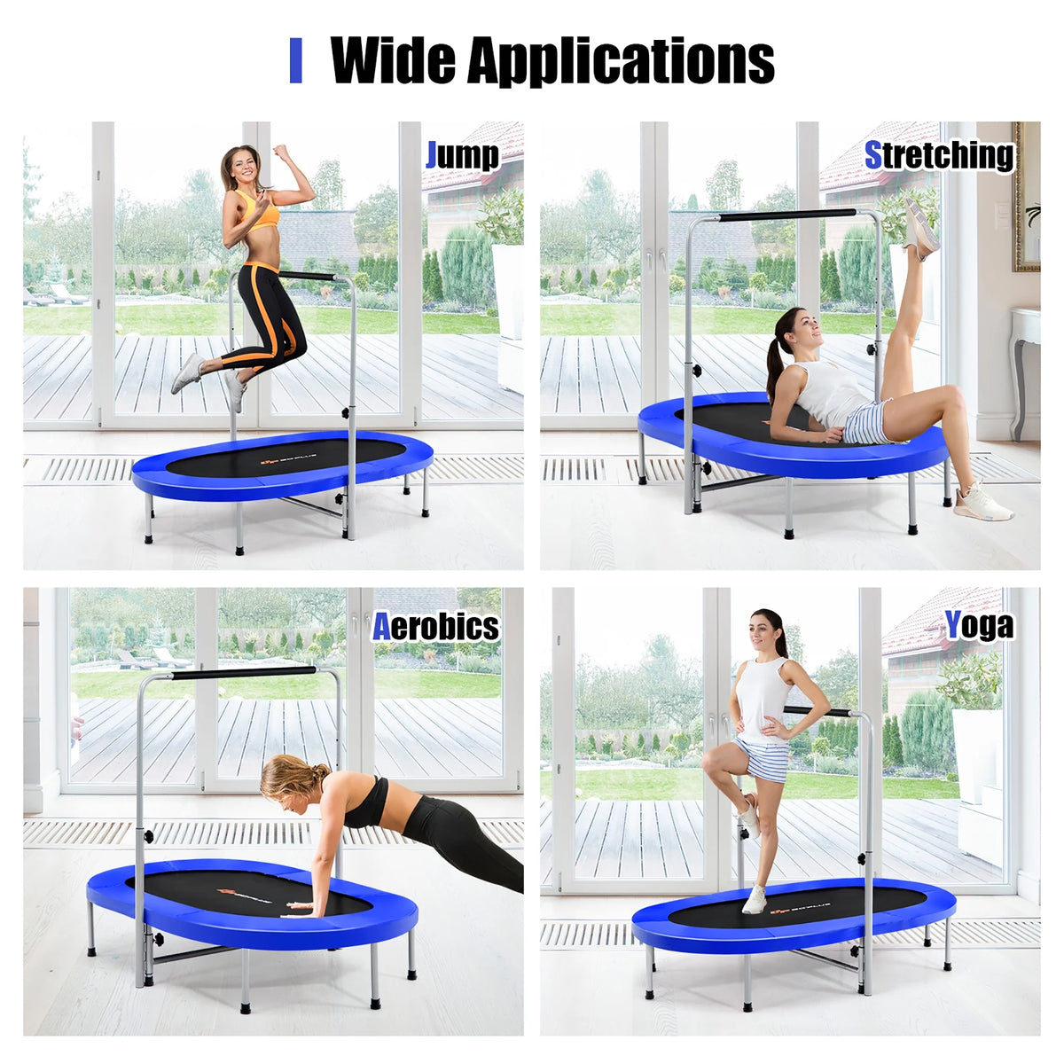Goplus Adjustable Handrail Foldable Trampoline, Blue, 59.50" x 35.50" x 52.00"