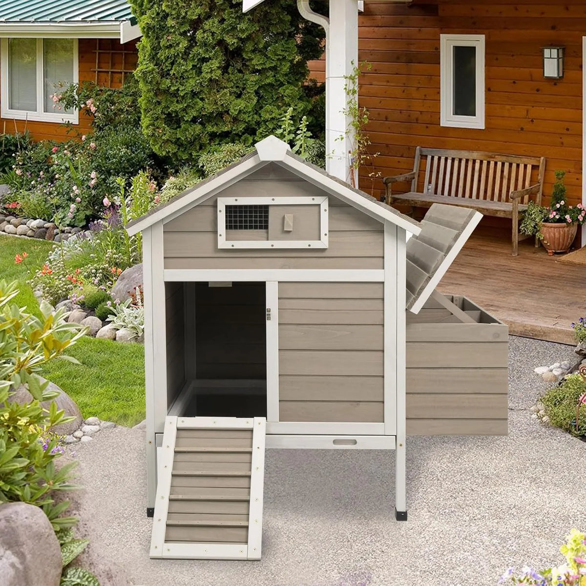 PETSCOSSET Chicken Coop, Chicken Hutch with Nesting Box, Pull Out Tray, Ramp, 32"L x 23.6"W x 36.6"H