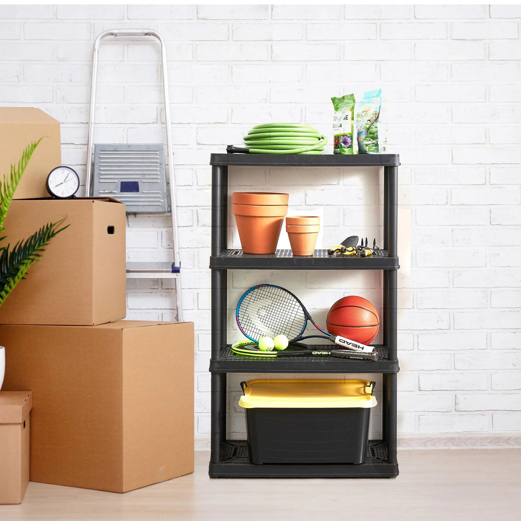 4 Shelf Fixed Height Solid Light Duty Storage Unit 12 x 24 x 48 for Home, Garage, Basement, & Laundry, Black (3 Pack)