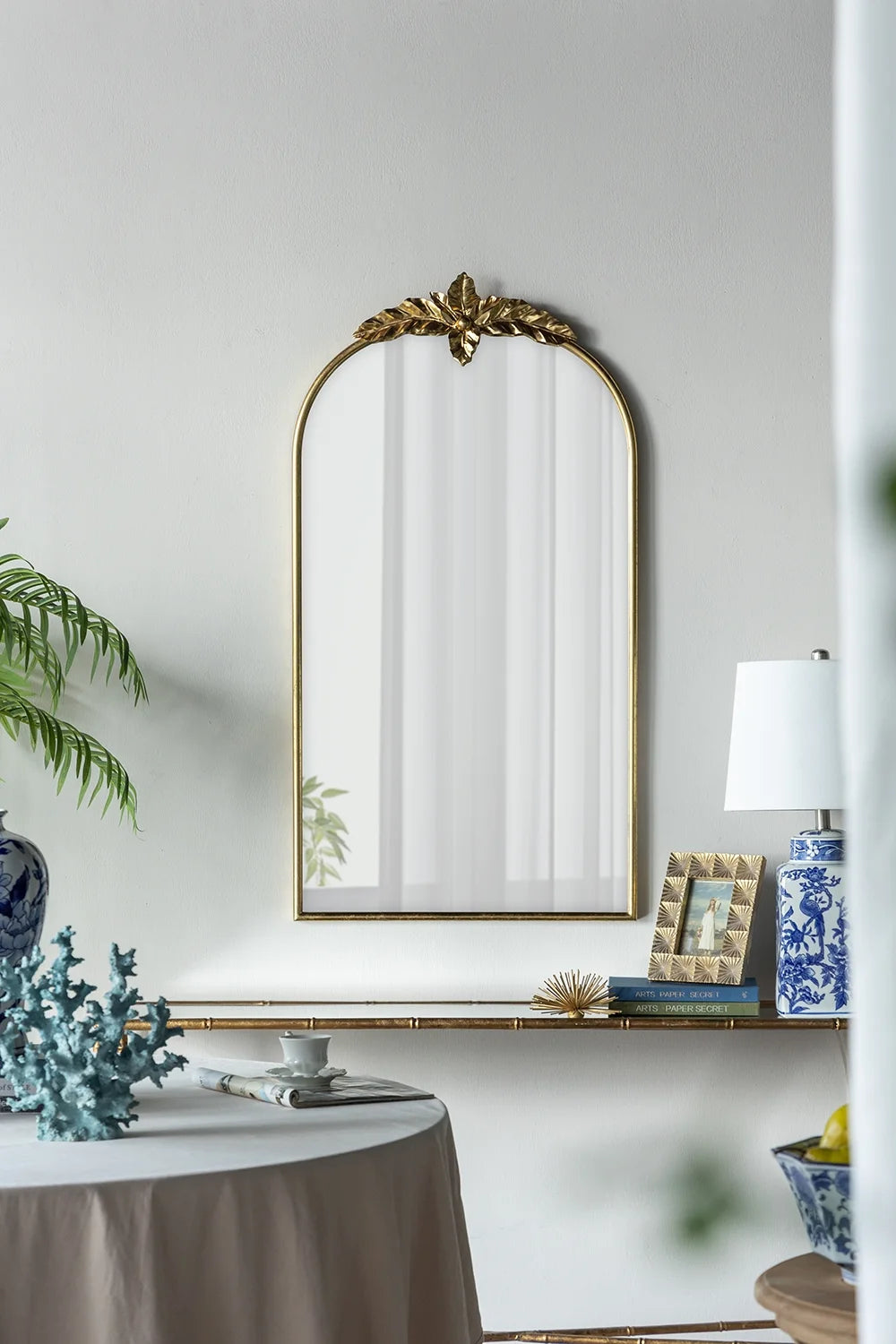 A&B Home Arched Gold Wall Mirror with Leaf Accent 39.6" x 2" x 35"