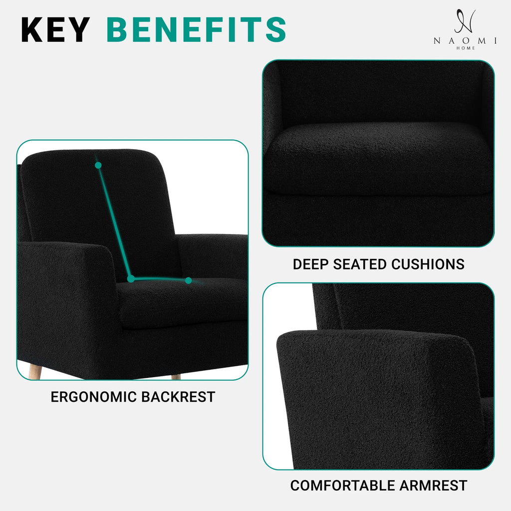 Naomi Home Frida Mid-Century Modern Accent Chair, Espresso Teddy Fleece Upholstered Armchair with Oak Legs, 28.74"D x 30.31"W x 35.04"H