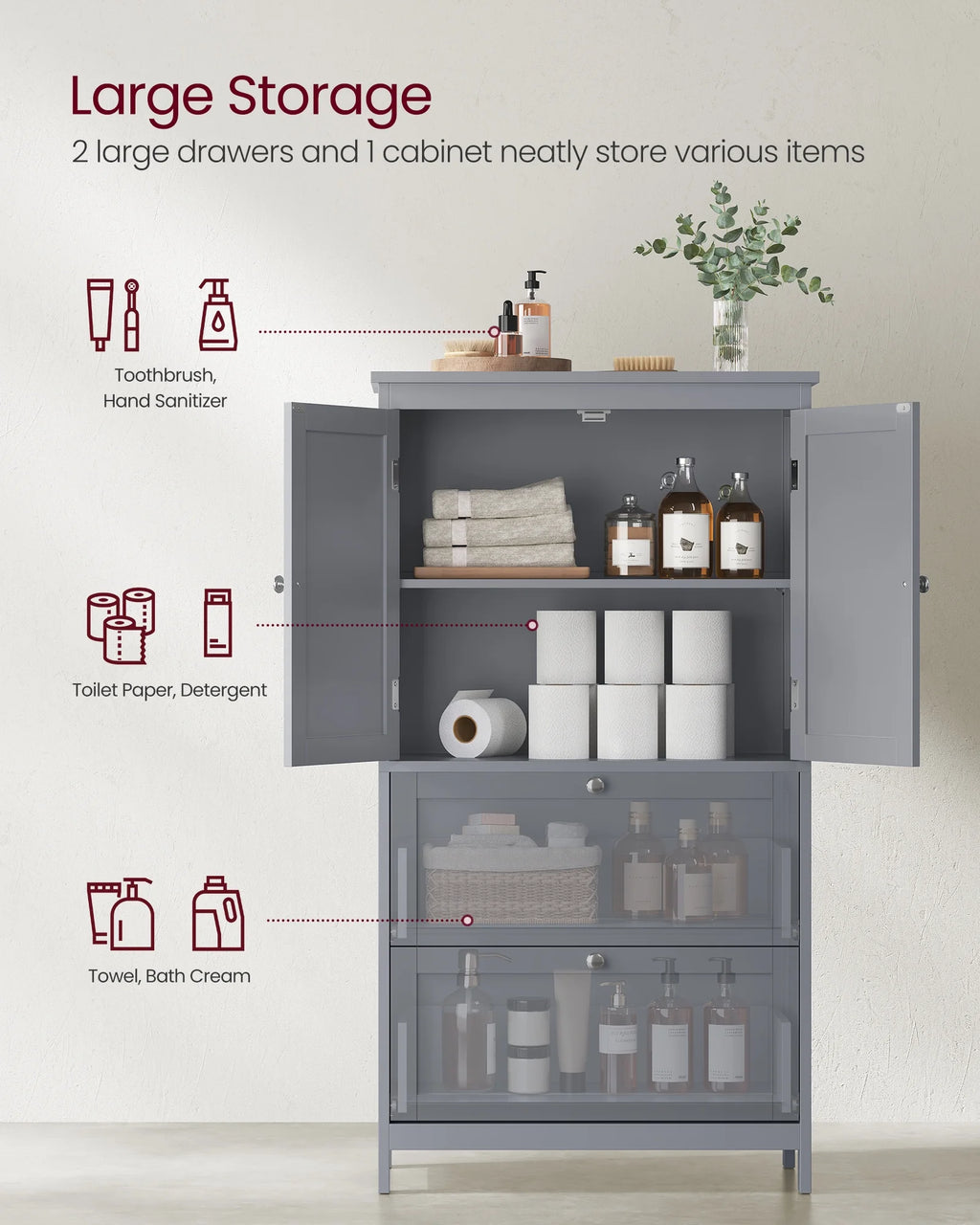 Meuble de rangement sur pied, unité de rangement, armoire indépendante avec 2 tiroirs et 2 portes, étagère réglable, 30 x 60 x 110 cm, blanc