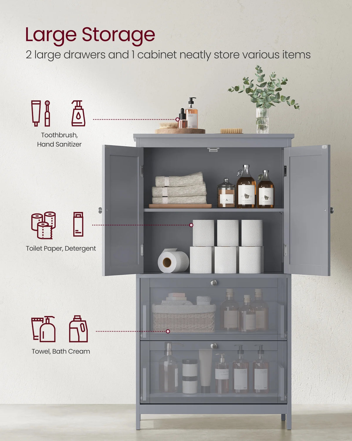 Meuble de rangement sur pied, unité de rangement, armoire indépendante avec 2 tiroirs et 2 portes, étagère réglable, 30 x 60 x 110 cm, blanc