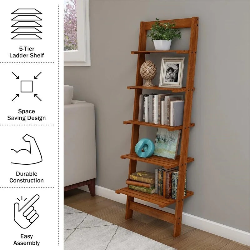 5 Tier Bookshelf Leaning Ladder Shelf Decorative Book Shelves for Bedroom - 11.5"D x 16.25"W x 50"H Cherry