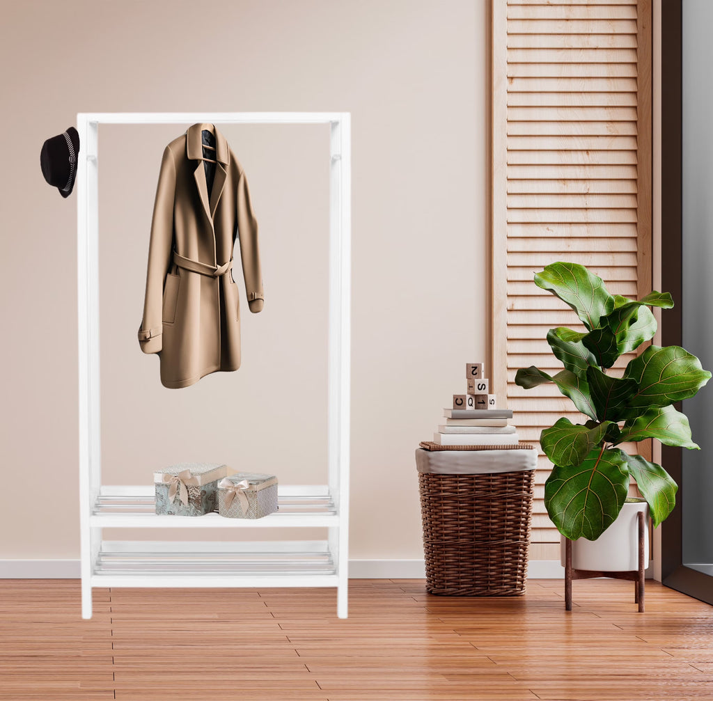 Legacy Decor 2 Tier Shelves Shoe Garment Coat Rack Hanger 65H X 31.5W X 13"D Wooden White Finish