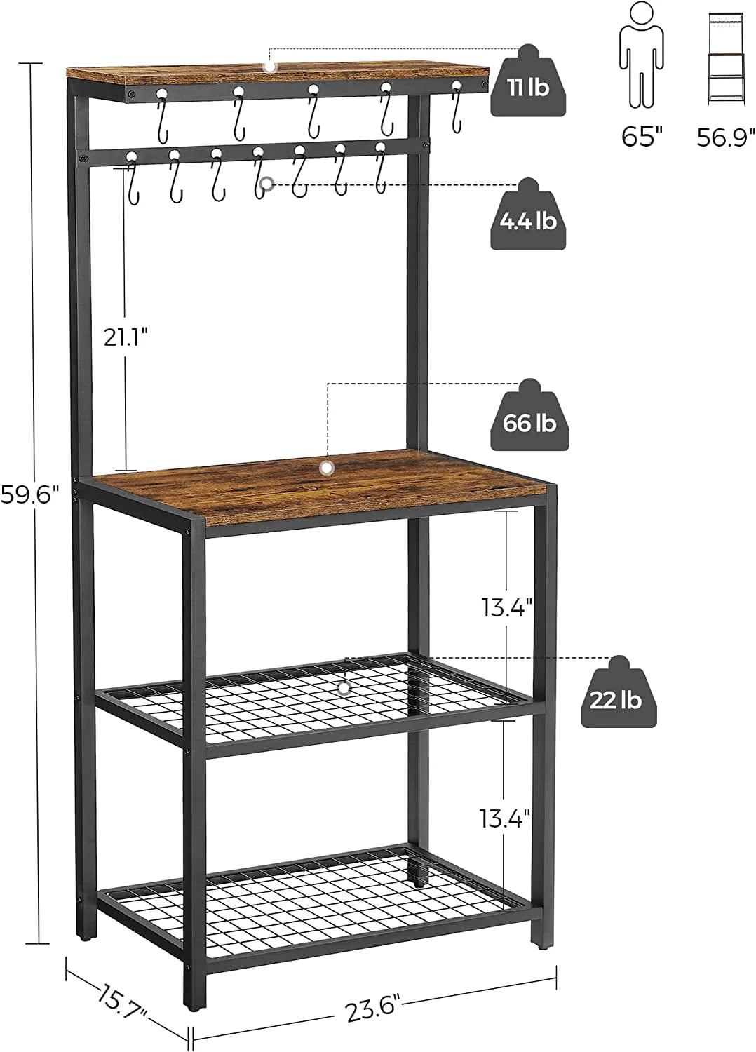 VASAGLE Kitchen Baker's Rack Microwave Oven Stand with Storage Shelves & 12 Hooks Industrial 15.7 x 23.6 x 59.6 Inches Rustic Brown and Black