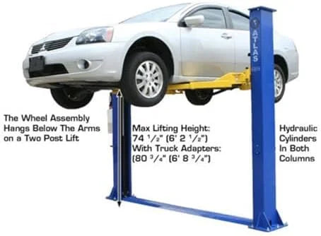 ATLAS Automotive Equipment 9KBPX 2-Post Lift/Hoist, Baseplate Style, 9'6″ Minimum Ceiling Height, 9,000lb Capacity, Symmetric Arms, Dual Hydraulic Chain Drives Cylinders, for Low Ceiling Home Use