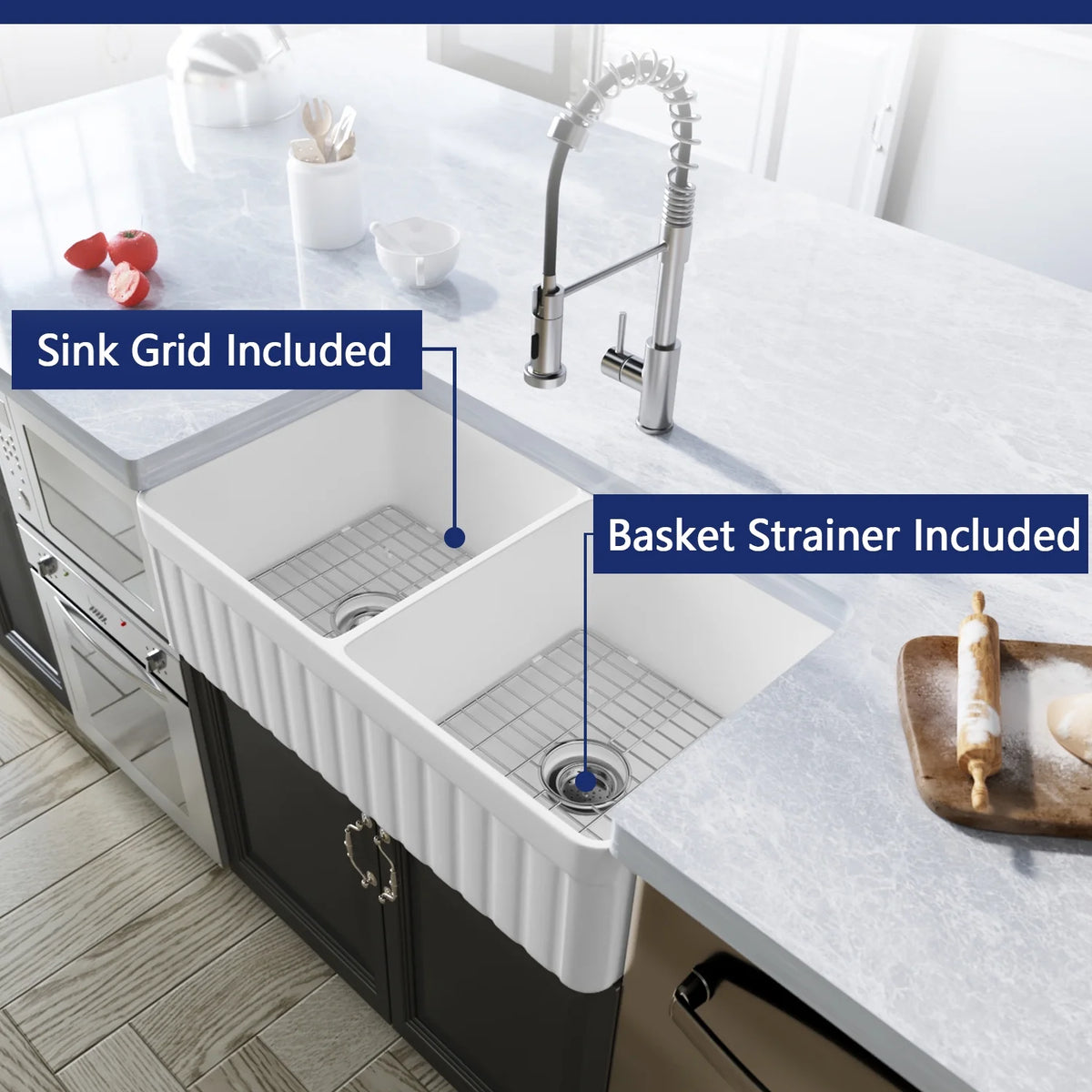 DeerValley Nova DV-1K503 Fireclay White Double Basin Farmhouse Kitchen Sink with Grid & Basket Strainer (33"L x 18"W x 10"H)