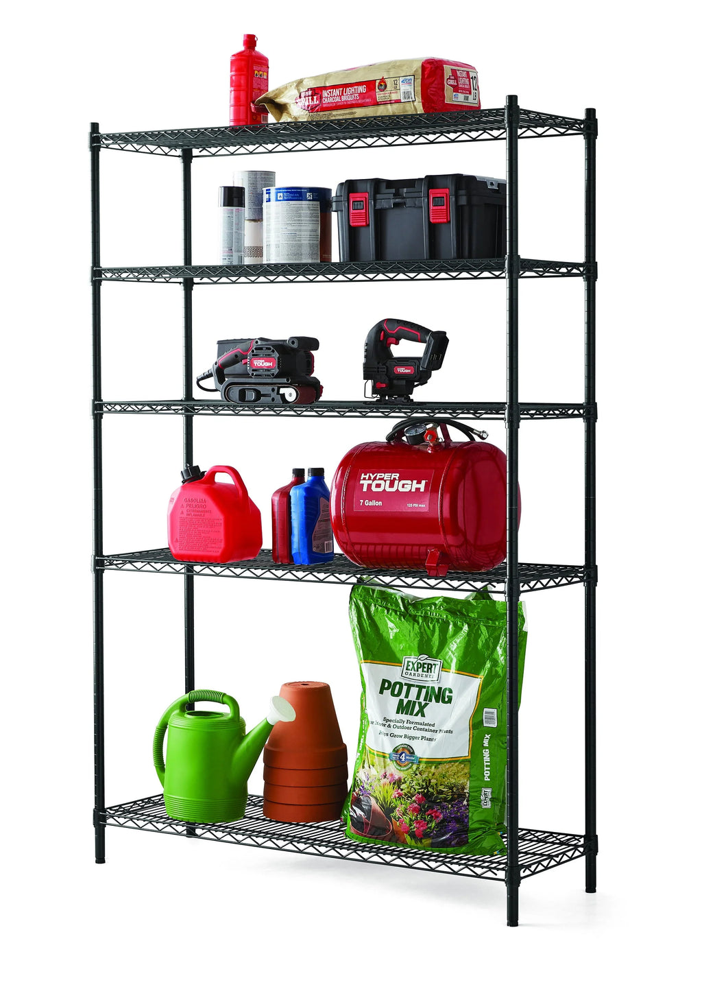 Hyper Tough Wire 5-Tier Storage Shelf Unit 72"H x 48"W x 16"D, 3000lb Total Capacity, Black