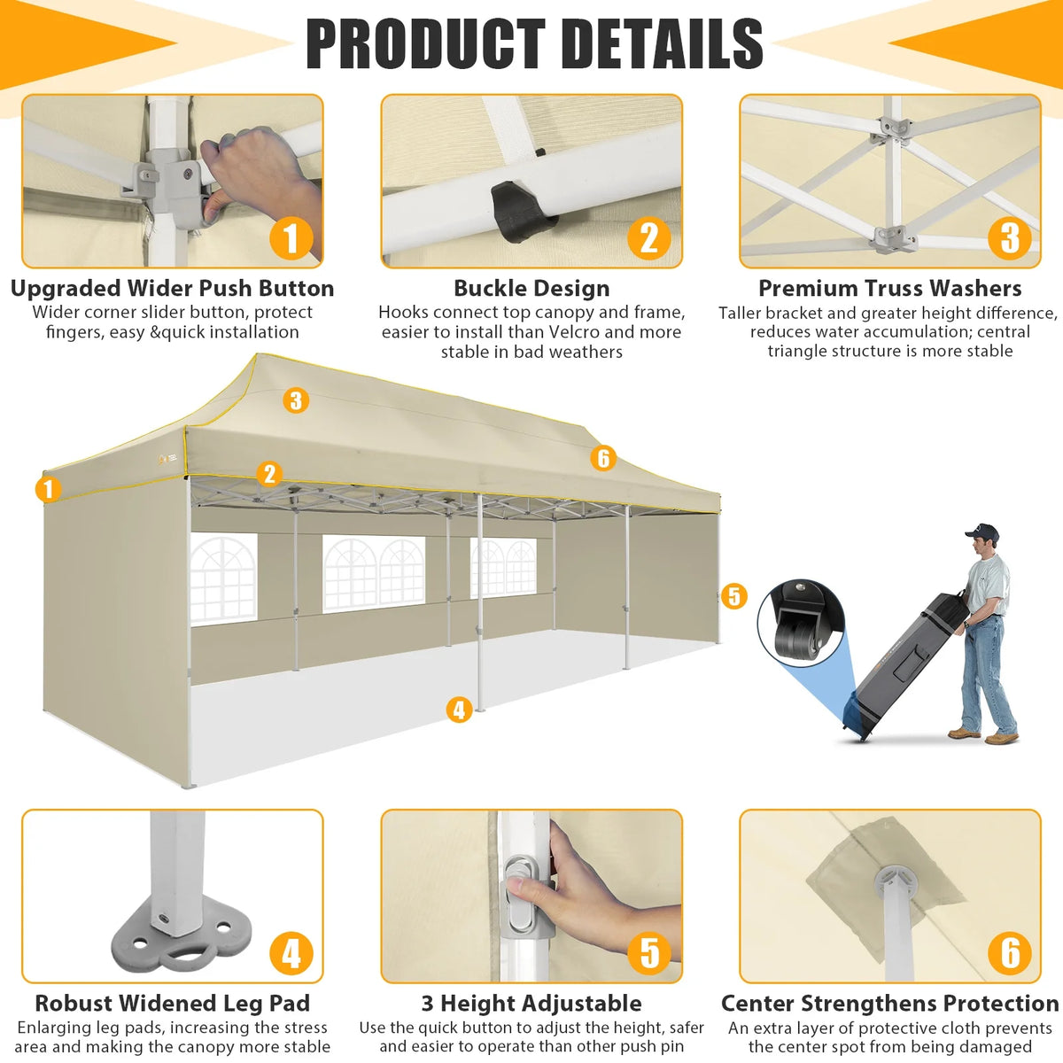 HOTEEL 10ft x 30ft Khaki Pop Up Outdoor Canopy, Waterproof
