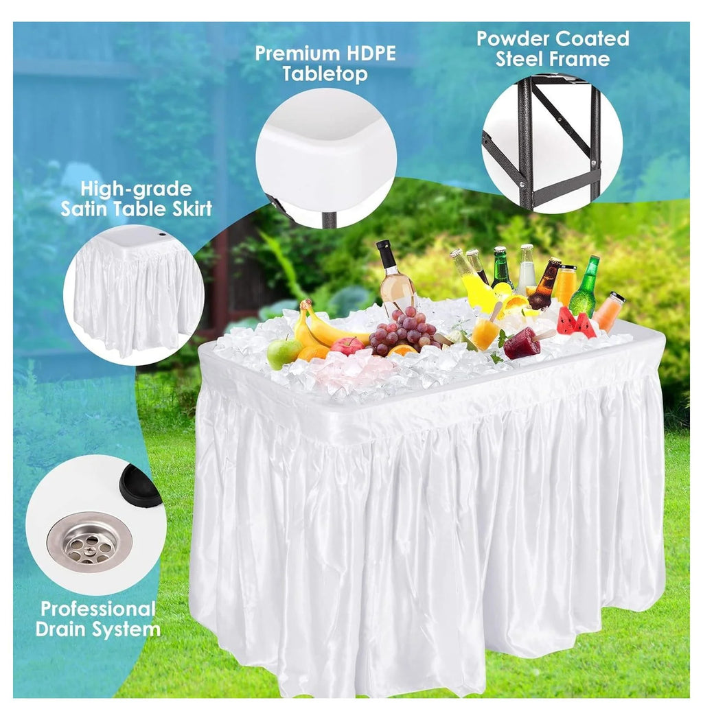 Table glacière pliante – Glacière à boissons portable, buffet avec jupe et système de drainage – Fête, pique-nique, barbecue, camping – Blanc 61 cm x 120,6 cm x 82,5 cm