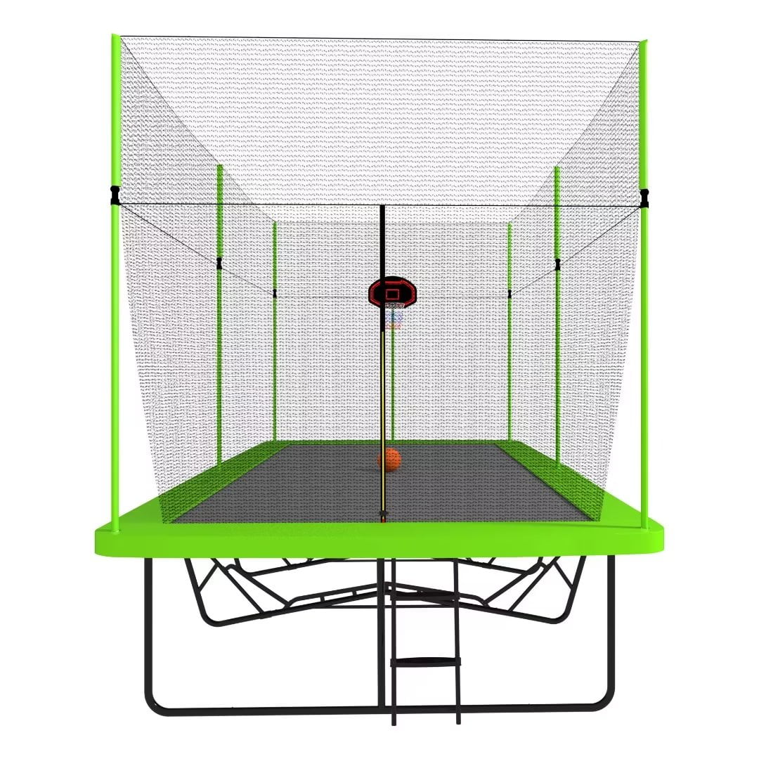 Triple Tree Rectangular Trampoline with Basketball Hoop, Green, 204.00" x 120.00" x 141.00"