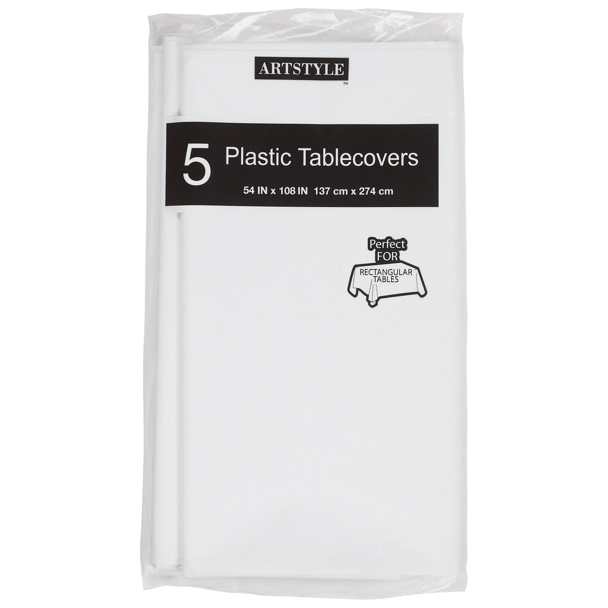 Artstyle Plastic Tablecovers, 54 in x 108 in, White, 5-count