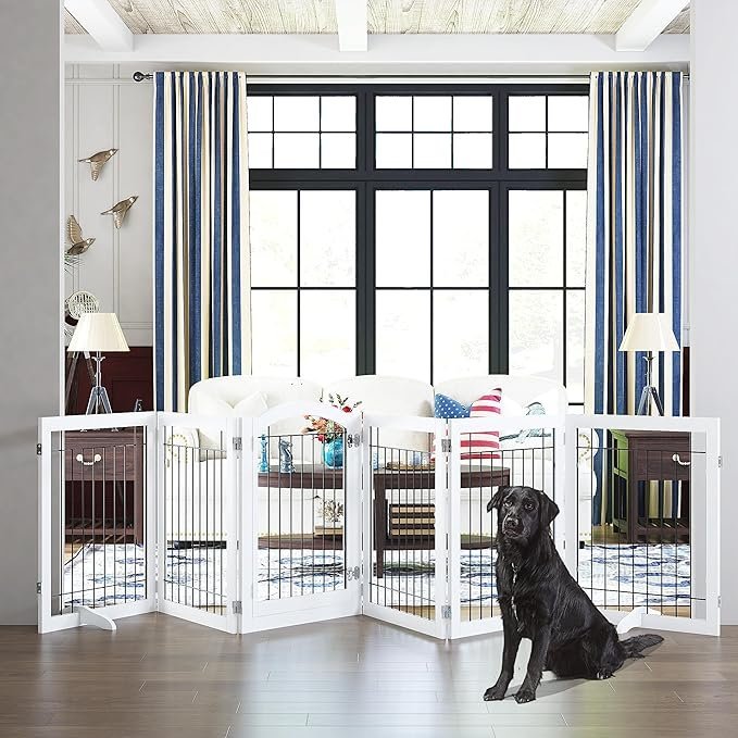 PAWLAND 144-inch Extra Wide 30-inches Tall Dog gate with Door Walk Through, Freestanding Wire Pet Gate for The House, Doorway, Stairs, Pet Puppy Safety Fence, Support Feet Included, White,6 Panels
