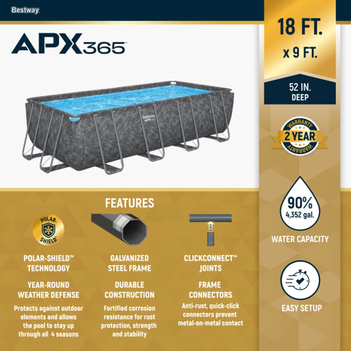 Piscine hors-sol rectangulaire Bestway APX 365 de 31 pi 4 po x 16 pi x 52 po